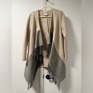 BB Dakota Beige and Gray Fringe Drape Cardigan